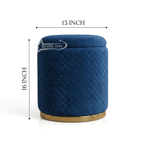Image of Premium Round Storage Ottoman Stool 13 X 13X 16 inch, with Gold Metal Base | Luxury Pouffe with Hidden Storage | Cushioned Footrest for Living Room, Bedroom & Lounge Blue
