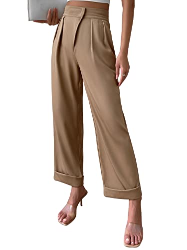 Sweatyrocks Women's Elegant High Waist Roll Up Hem Pleated Wide Leg Pants With Pocket Khaki L #TOP3