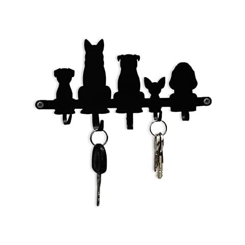 GEGUTON Wall Key Holder with Dogs Theme - Steel Hooks Holders Organizer for Keys, Decoration and Functional Items for Home, Birthday Gifts for Pet Lovers - 2 Screws Included - Fun Collection - Black Cover