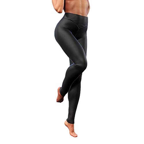 Leggings de treino para mulheres de couro brilhante com stretch e cintura em V, calças de ioga, legg