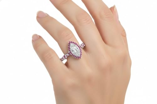 Image of Choose Your Gemstone Twisted Marquise Diamond CZ Halo Ring 925 Sterling Silver Marquise Shape Halo Engagement Rings Minimal Modern Design Birthday Gift Wedding Gift US Size 4 to 12