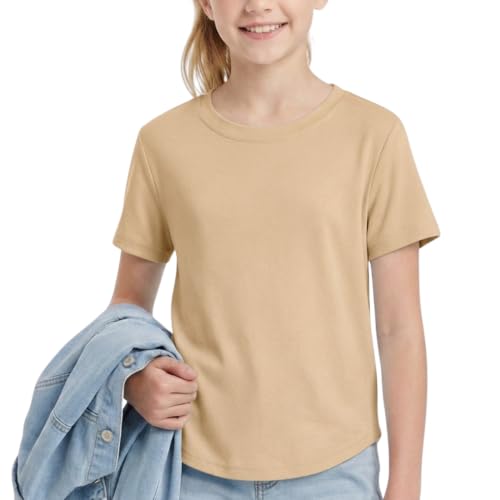 Image of WELAKEN Girls Soft T-Shirt with Curved Hem, Breathable Stretchy Rayon Crewneck Short Sleeve Tees, Kids Everyday Basic Top