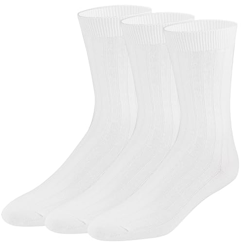 Falari Men White Rib Dress Crew Socks Cotton 3-Pack Size 10-13