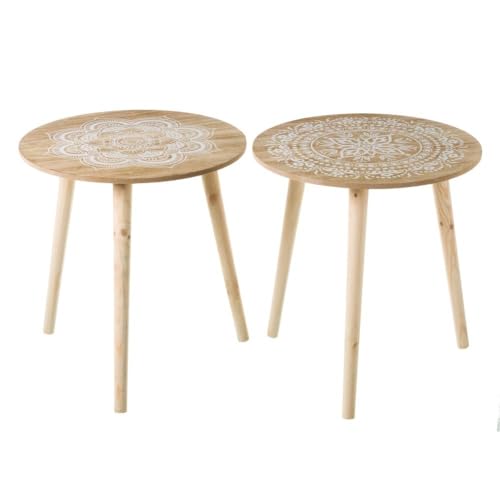 LOLAhome   Set de 2 mesas auxiliares Redondas Color Natural con Mandala Blanco de 40x42 cm. Mesitas Redondas de Pino versátiles Ideales para Usar como mesillas de Noche o Apoyo Decorativo