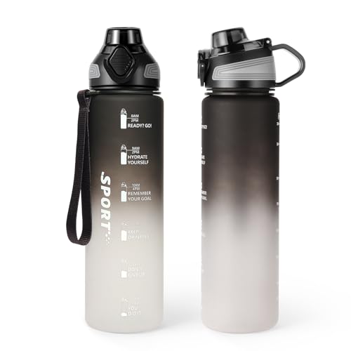 Binudum Botella Agua,1 Litro Botella de Agua Deportiva con Marcador de Tiempo,Botella sin BPA,A Prueba de Fugas y Reutilizable,Deportes,Ciclismo,Escuela,Gimnasio,Aire(Negro Blanco, 1000ml)