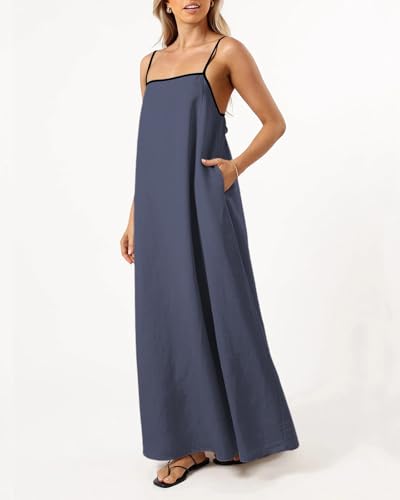 Image of Senllen Women's Linen Dress Summer Loose Flowy Sundress Contrast Spaghetti Strap Sleeveless Backless Beach Maxi Long Dresses