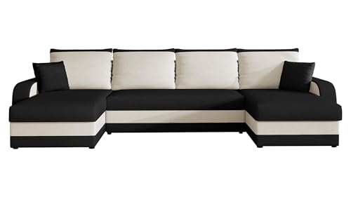 Mirjan24 Canapé d'angle Convertible en Cuir Noir - 304 cm x 140 cm x 80 cm - Fonction Lit - 3 Places Assises - Modern