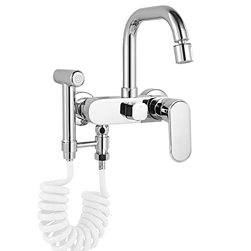 MSHGSKU Grifo de Cocina de Pared con Pistola rociadora, Grifo Giratorio de 360° con rociador de Doble función, Grifo Mezclador Monomando de latón para Agua fría y Caliente (Cromado)
