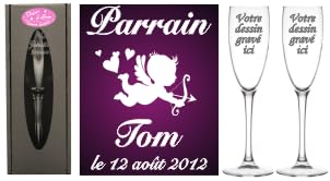 Lot : 1 Verre PARRAIN + 1 MARRAINE (ou 2 Parrains ou 2 Marraines au choix) - Flûtes à Champagne Gravées Modèle Ange + 2 Boîtes Cadeaux - Souvenir du...