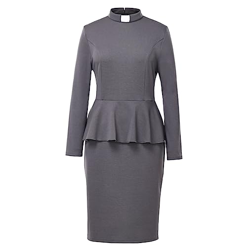 Image of FAD-4U Church Clergy Dress for Women Minister Long Sleeve Ruffle Slim Pencil Dress with Tab Insert Stand Collar