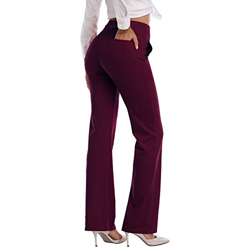 HISKYWIN Womens High Waist Yoga Pants 4 Way Stretch Tummy Control Workout Running Pants, Long Bootleg Flare Pants F205-Wine Red-L