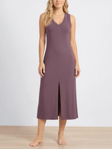 Image of ODODOS Modal Soft Front Split Midi Dress for Women, V Neck Sleeveless Casual Summer Tank Dress