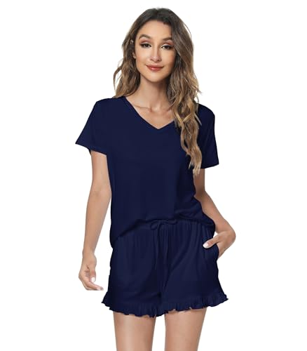 Image of WiWi Womens Pajamas Set Bamboo Viscose Super Soft Short Sleeve Top Ruffle Shorts Sleepwear Cooling Pj Sets S-XXL