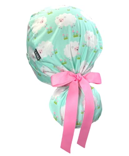 Image of Scrub Cap for Women and Men, Ponytail Scrub Caps, Working Hat, Head Cover with Ribbon Ties and Buttons, Long Hair