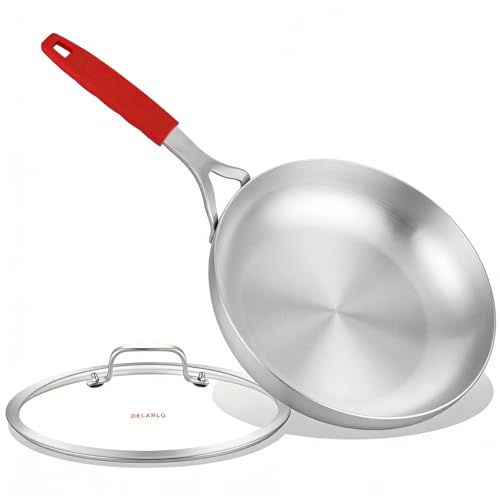 Image of DELARLO Tri-Ply Stainless Steel Frying Pan 8.3 inch With Lid kitchen skillet | Stainless Steel Pan Cooking Heat fast and evenly Compatible with All Cooktops Dishwasher and Oven Safe