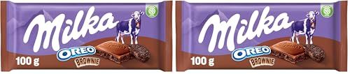 Milka Oreo Brownie Tableta de Chocolate con Leche de los Alpes con Trozos de Galleta Oreo con Textura de Bizcocho de Chocolate Brownie 100 g (Paquete de 2)