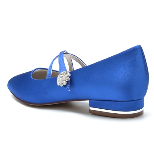 Women Satin Cross Ankle Strap Ballet Flat Closed Toe with Rhinestone Bridal Shoes Slip-On Low Heel Dress Shoes3