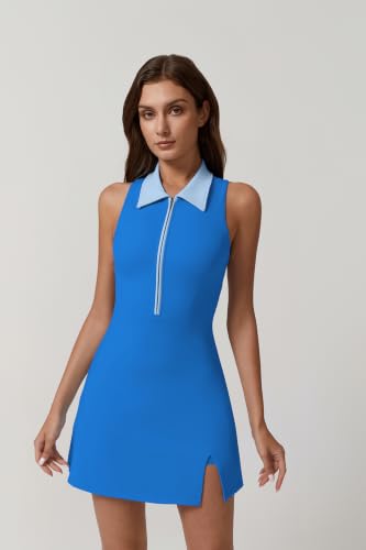 Image of QINSEN Womens Zip Front Tennis Dress Polo Collar Racer Back Workout Golf Dresses Build in Shorts with Pockets