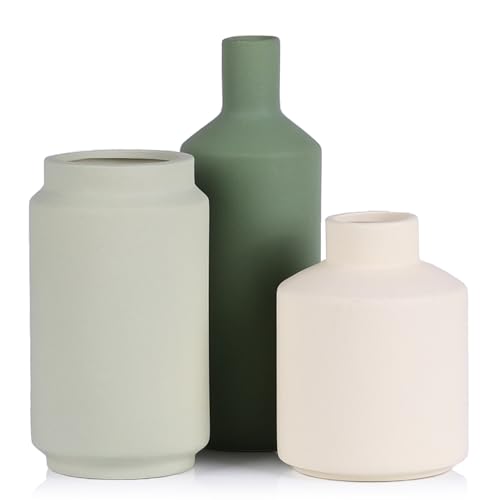 Ceramic Vase Set of 3 - Modern Neutral Vases Home Decor, Minimalism Decorative Vases, Boho Decor Small Flower Vase for Shelf, Dining Table Entryway Mantel Centerpiece Bookshelf Living Room Bathroom