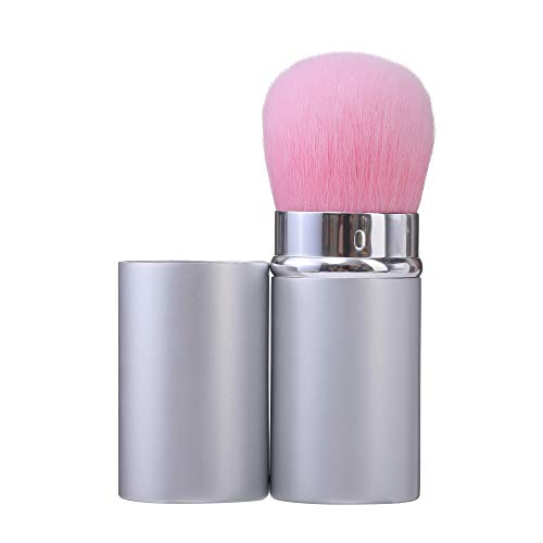 Retractable Kabuki Brush Aguder Silver Blush Brush Cosmetics with Pink Synthetic Dense Bristles for Women Girls Gifts