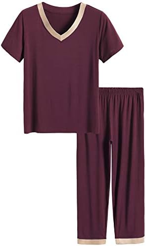 Latuza Women's V-neck Sleepwear Short Sleeves Top with Pants Pajama Set (X-Large, Wine Red)