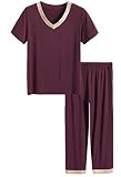 Latuza Women's V-neck Sleepwear Short Sleeves Top with Pants Pajama Set (X-Large, Wine Red)