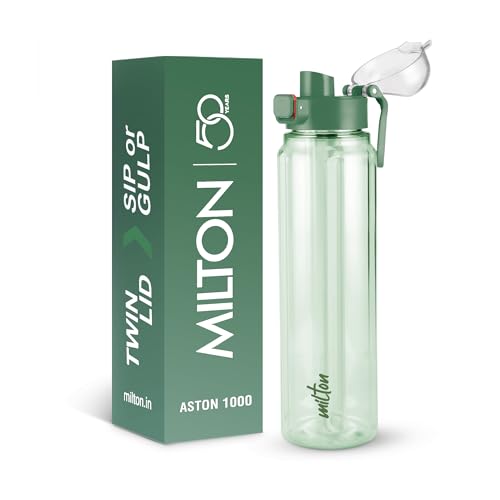 Image of MILTON Aston 1000 BPA & BPS-Free Water Bottle 1 ltr | Food-Grade Plastic | One-Click Open | Leak-Proof | Sip & Gulp Lid I Ideal for Office, School, College, Gym, Green