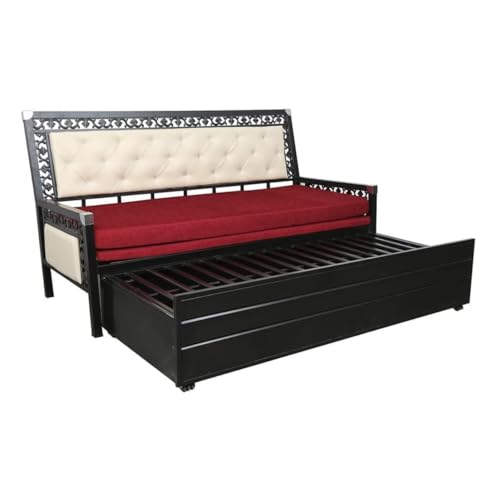 Image of Rexo Metal Sofa Cum Bed with Hydraulic Storage | 3 Seater Convertible Sofa Bed for Living Room | Heavy Duty Metal FrameMatte Black Finish with Maroon Cushion, Single