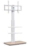 FITUEYES Soporte de TV Pie Blanco para Pantallas de 32 a 70 Pulgadas,Ajustes de Altura,Giro de 60°,Soporte TV Suelo Universal MAX VESA 600 * 400mm,Gestión de Cables,con 2 Estantes.Base de Madera