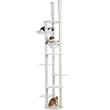 キャットタワー 突っ張り スリム 省スペース 猫タワー 突っ張り スリム 大型猫用 多頭飼い 6本天然サイザル麻紐 爪とぎ キャットツリ 見晴台 透明宇宙船 高さ225~240cm&250~265cm