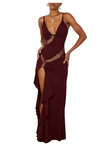 Milumia Women's Hollow Out Split Thigh Cami Dress Sexy Deep V Neck Party Club Maxi Dresses