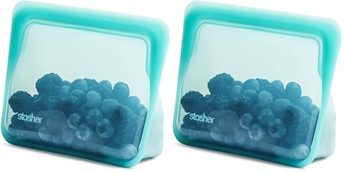 Image of Stasher Premium Silicone Reusable Food Storage Stand-Up Mini Bag, Aqua, Microwave, Sous Vide, Dishwasher, Oven and Freezer Safe, BPA Free, Leak-free, Eco-friendly, 28 Oz (Pack of 2)