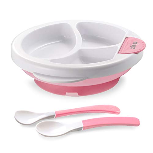 Image of Matyz Baby Feeding Suction Warm Plate with Draining and Drying Design - Stay Put Divided Plate for Kids - Including 1 Toddler Plate and 2 Spoons - Microwave & Dishwasher Safe (Pink)
