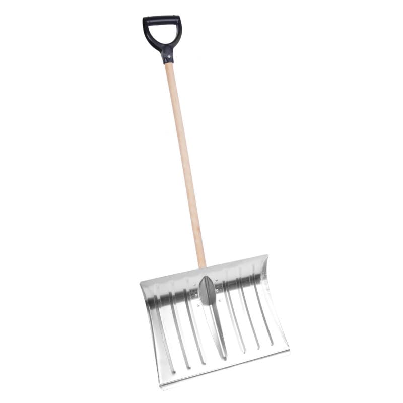 Aqbau Aluminium Schneeschaufel 135 cm mit Holzstiel, D-Griff Robuste 1,5 mm Schneeschieber für Hof und Einfahrt, Rutschfester Griff mit Verstärkungen