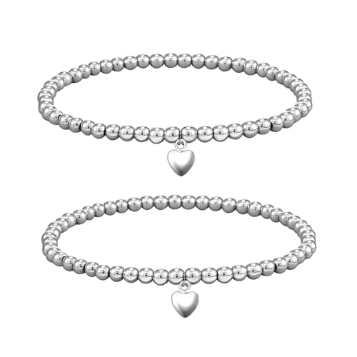 Image of 2 Pack Silver Bead Bracelet, "Mother & Daughter" Silver Beaded Bracelet with Heart Charm Polished Chain Design, Friendship Silver Bracelet for Women Daughter Sister Birthday Party Gift and Daily Wear