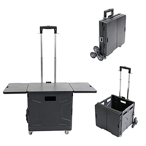 Upgrade Foldable Utility Cart, Rolling Cart with Wheels, Portable Grocery Cart with Telescoping Handle, Durable Collapsible Shopping Cart Handcart for Travel Moving Office Use (Black Grey)