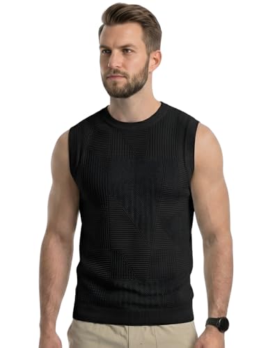 Image of GRECIILOOKS Sleeveless T Shirts for Men | Round Neck Textured Tshirt for Men in Premium Jacquard Knit | Gym Tank Top Mens Style with Stretch Comfort | Casual Streetwear Layering Tee