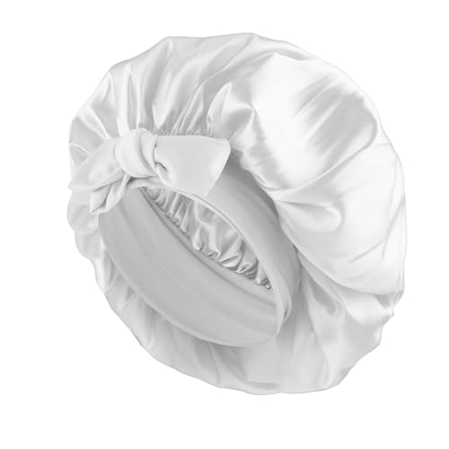 Abeillo Satin Sleep Bonnets for Women 1PC Satin Night Sleeping Cap Soft Silk Bonnets for Sleeping Hair Bonnet with Tie Band for Curly Hair Braid Women (White)