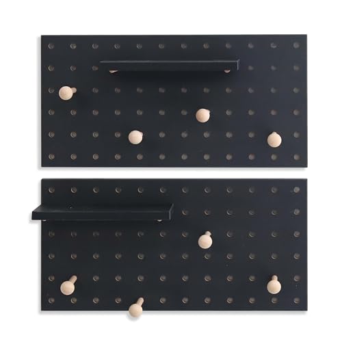 Image of Wooden Pegboard Accessories Set: Modular Wall Hooks & Shelf for Garage, Office & Home Organization(Black Colored Finish-B)