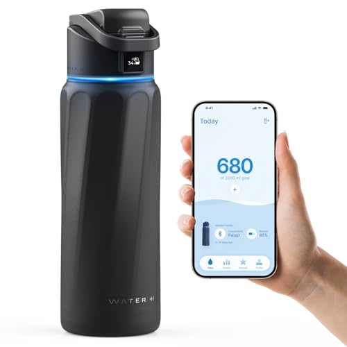 WATERH Boost Smart-Wasserflasche mit Erinnerung an Wasser und Wasser-Tracker-Flasche, doppelwandige, vakuumisolierte Wasserflasche, Edelstahl, breite Öffnung, 907 ml, ideal als Geschenk, Schwarz