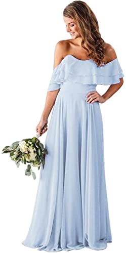 Amazon.com: Off Shoulder Baby Blue Bridesmaid Dresses Chiffon Long Wedding  Formal Dress for Women Party Evening Gowns with Sleeves US2 : Clothing,  Shoes & Jewelry