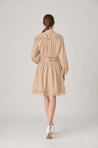 Image of LAI MENG FIVE CATS Women's V-Neck Elegant Lace Long Sleeve Lantern Sleeve Button up Casual Mini Dress