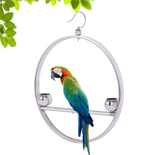 Perchoir pour Oiseaux,Porte-Jouets Suspendu en Acier Inoxydable | Support d'Entraînement Circulaire avec Crochet et Coupelles de Nourriture,pour Propriétaires d'animaux Intérieur Extérieur