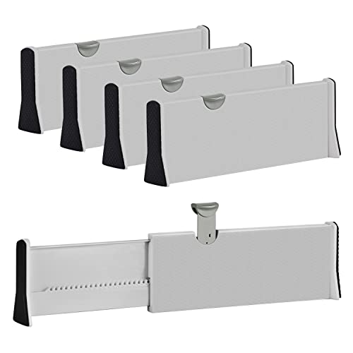 Image of Drawer Dividers Organizer 4 Pack, Adjustable Separators 4" High Expandable from 11-17" for Bedroom, Bathroom, Closet,Clothing, Office, Kitchen Storage, Strong Secure Hold, Foam Ends, Locks in Place