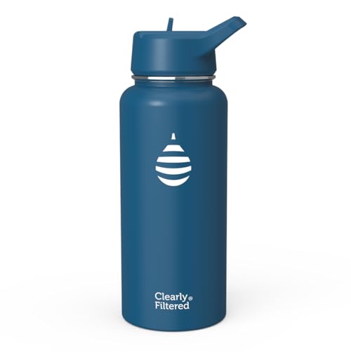 Clearly Filtered Water Bottle | Removes 220+ Contaminants, Double-Wall Insulated Stainless Steel, BPA/BPS Free, Phthalate Free, Filters Flouride Lead Chlorine (32oz, Navy Blue)