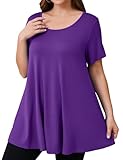 JollieLovin Women's Short Sleeve Loose Fit Flare Hem T Shirt Tunic Top (Deep Purple, 3X)