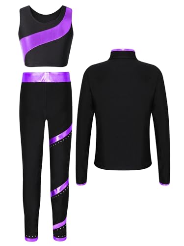 Kids Girls Dance Outfit 3 Pcs Gymnastic Suit Ice Skating Long Sleeve Jacket Crop Top with Pants Set Tracksuit2