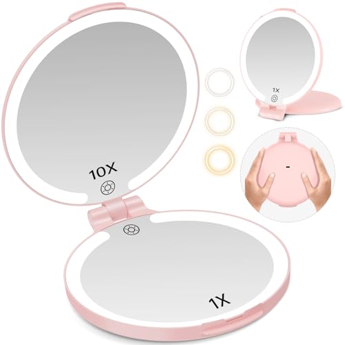 Espejo de viaje con luz, doble cara 10X, recargable rosa