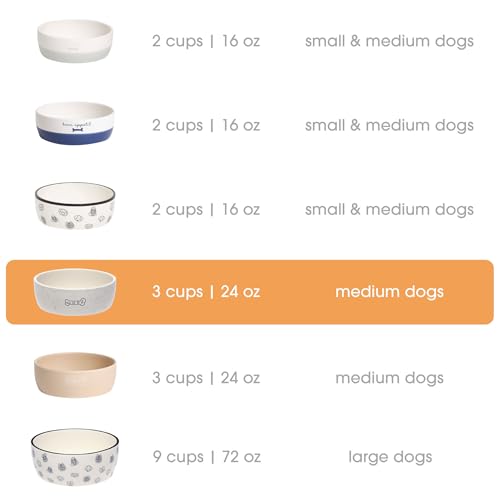Pearhead Ceramic Pet Bowl 3-Cup Capacity Durable Speckled Dish with Woof Graphic Food Water Feeder for Small Medium Dogs