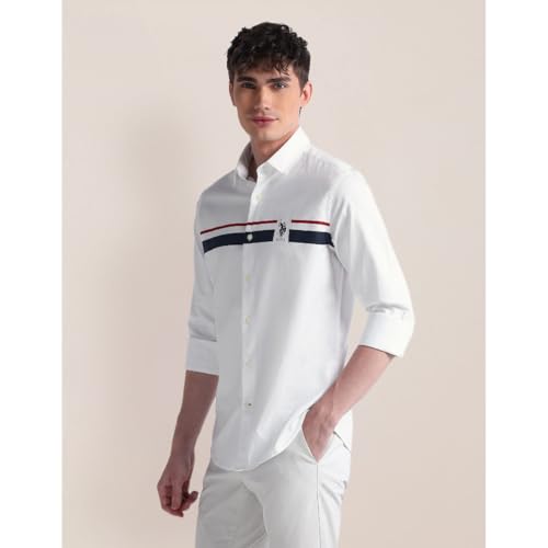 Image of U.S. POLO ASSN. Mens Cotton Regular Fit White Solid Collared Neck Long Sleeve Casual Shirts